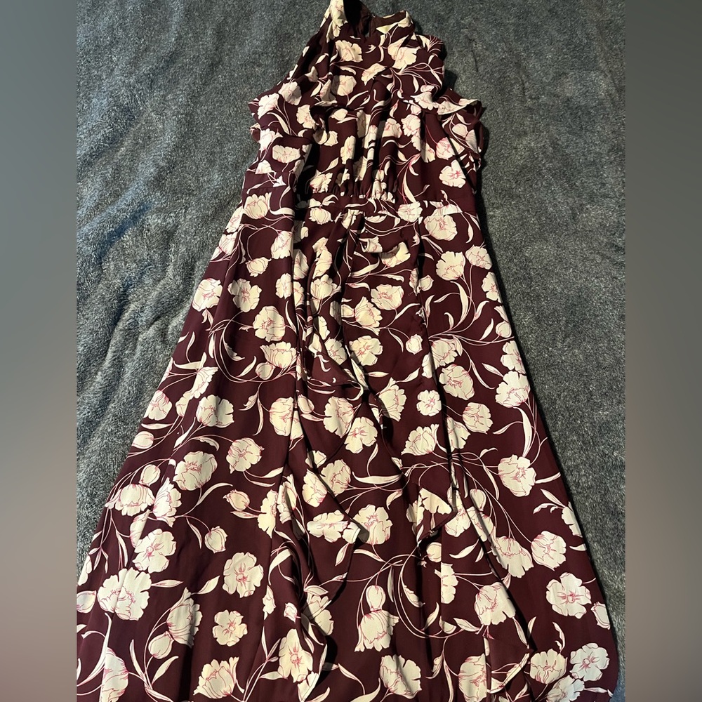 Maroon halter cut dress with cream floral detail and ruffle accents